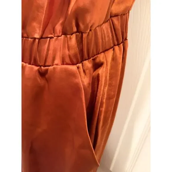 Skies Are Blue Satin Jumpsuit M Brown Cowl Neck Wide Leg Chic NWT - Picture 4 of 12